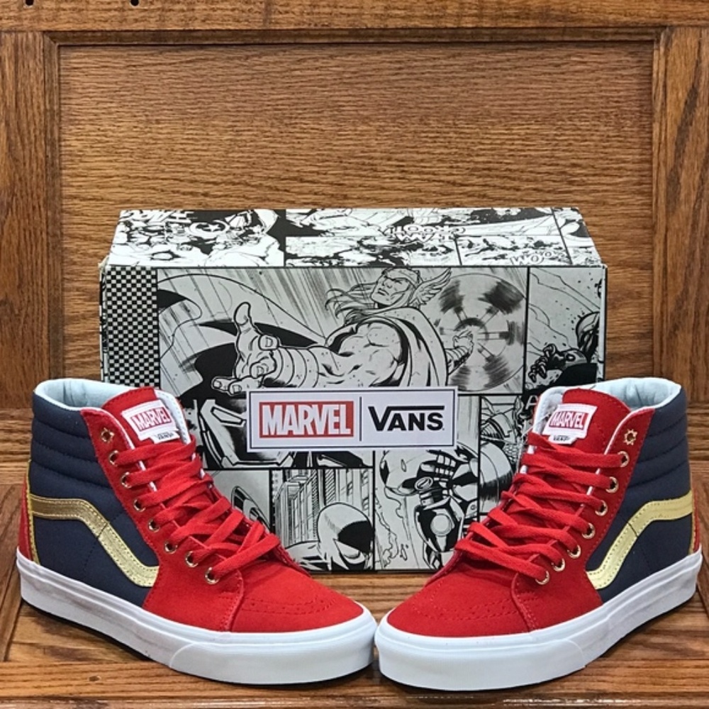 Vans Sk8-Hi Marvel Captain Marvel Red Navy Gold Sneakers VN0A38GEUBI Womens 7.5